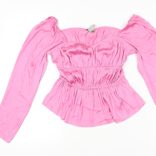 H&M Women’s Pink Off Shoulder Satin Puff Sleeve Blouse XS