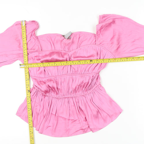 H&M Women’s Pink Off Shoulder Satin Puff Sleeve Blouse XS