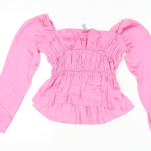 H&M Women’s Pink Off Shoulder Satin Puff Sleeve Blouse XS