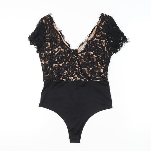 Lucy Wang Womens Black Lace V-Neck Bodysuit Size M Party Cocktail