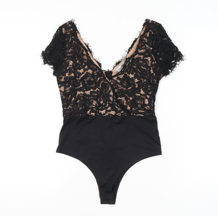 Lucy Wang Womens Black Lace V-Neck Bodysuit Size M Party Cocktail