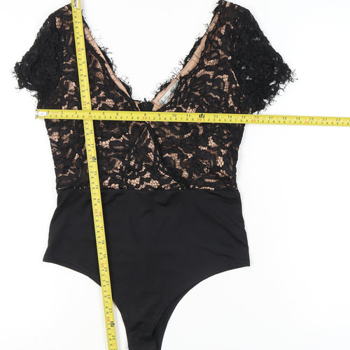 Lucy Wang Womens Black Lace V-Neck Bodysuit Size M Party Cocktail