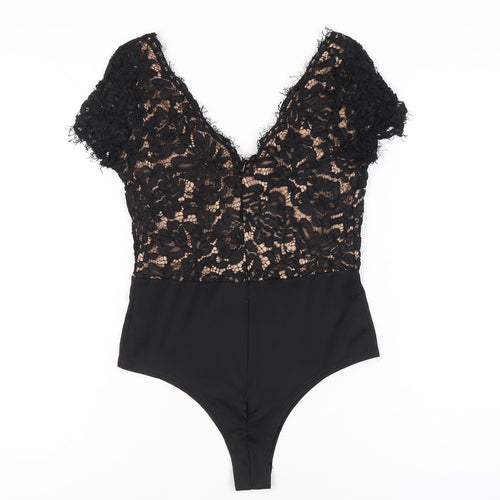 Lucy Wang Womens Black Lace V-Neck Bodysuit Size M Party Cocktail