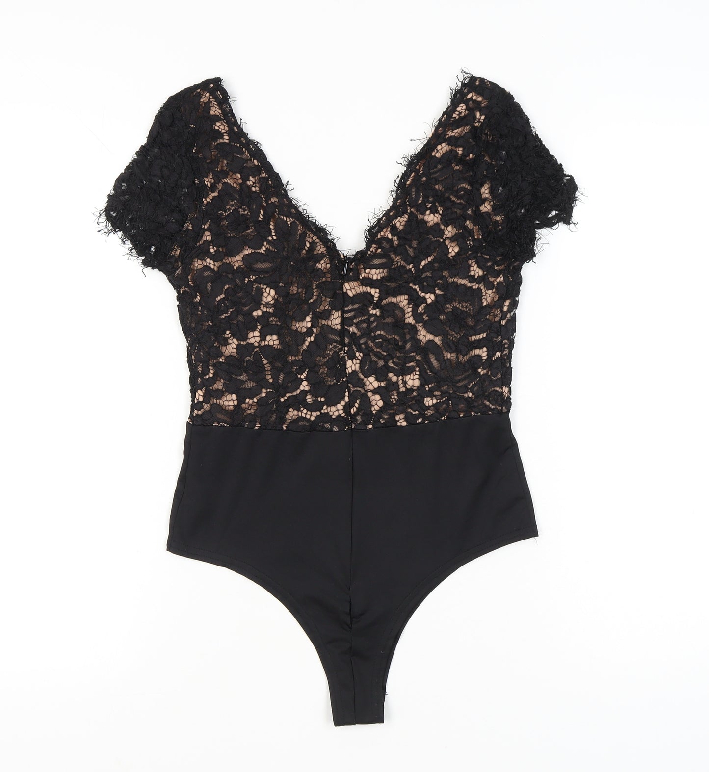 Lucy Wang Womens Black Lace V-Neck Bodysuit Size M Party Cocktail