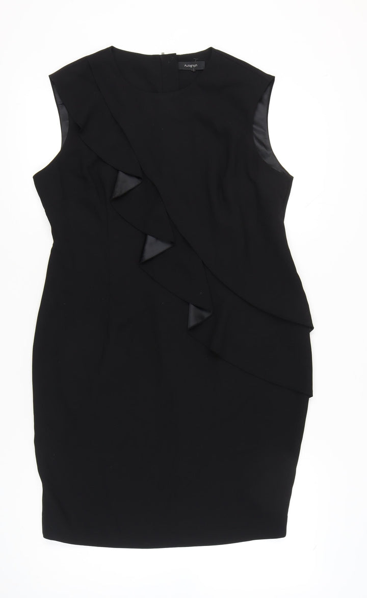 Marks and Spencer Women’s Black Sheath Dress Size 14 Ruffle Detail Sleeveless
