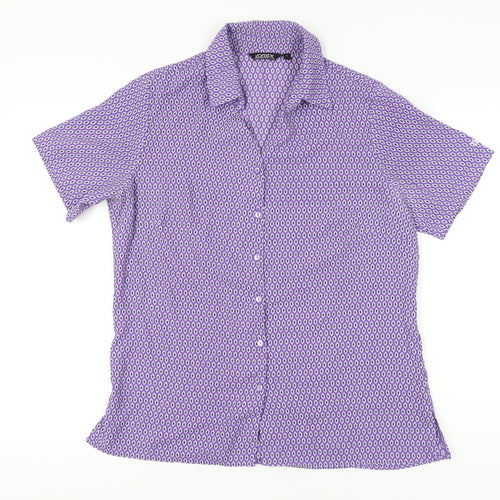 Vortex Womens Purple Geometric Button-Up Blouse Size 14 Short Sleeve