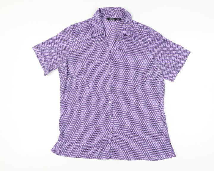 Vortex Womens Purple Geometric Button-Up Blouse Size 14 Short Sleeve