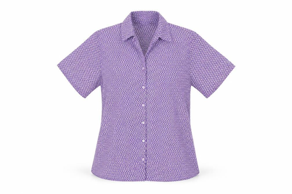Front view of Vortex women’s purple geometric button-up blouse, size UK 14, short sleeve