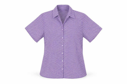 Front view of Vortex women’s purple geometric button-up blouse, size UK 14, short sleeve
