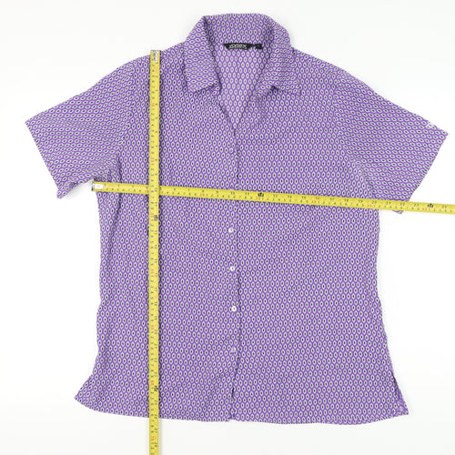 Vortex Womens Purple Geometric Button-Up Blouse Size 14 Short Sleeve