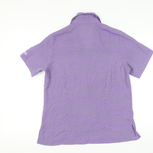 Vortex Womens Purple Geometric Button-Up Blouse Size 14 Short Sleeve