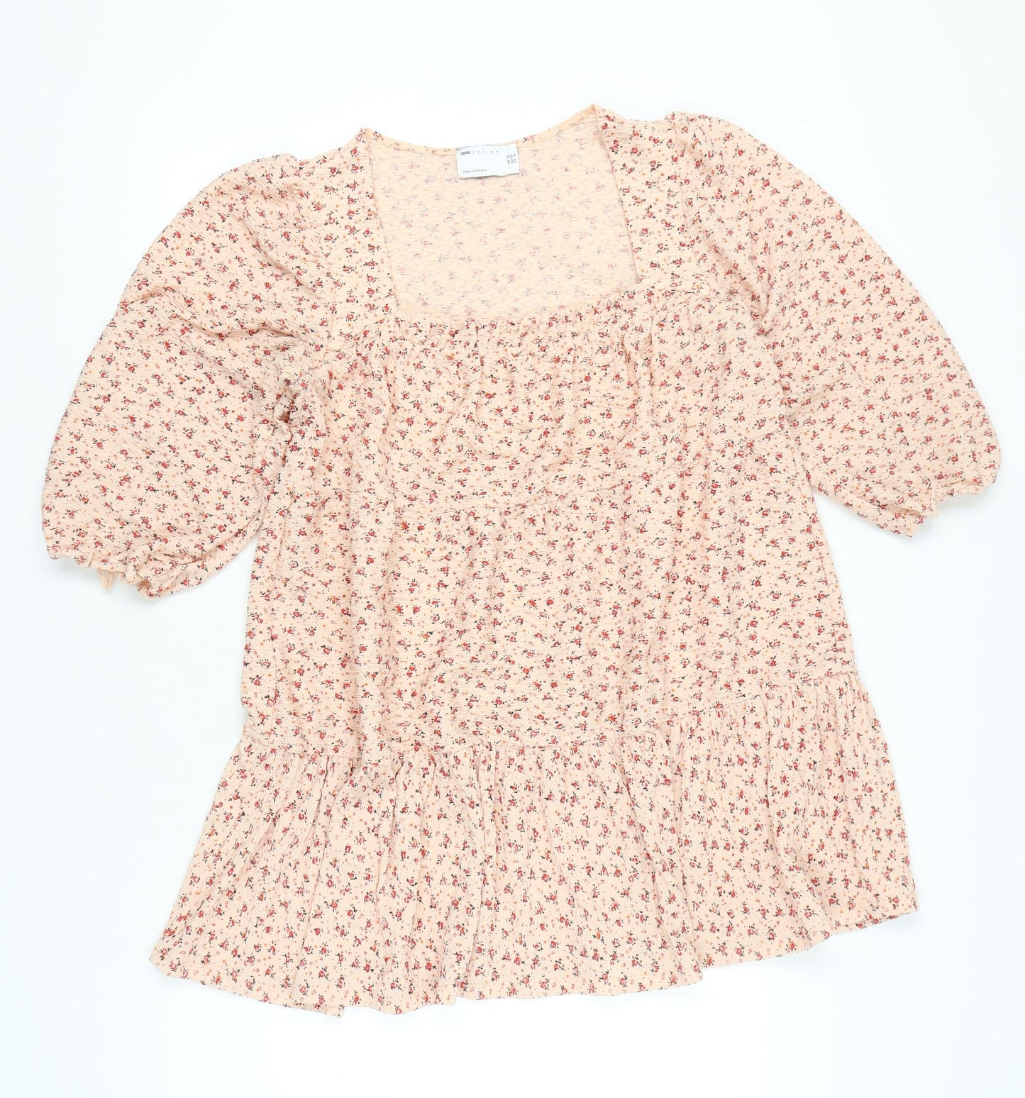 ASOS Design Womens Beige Floral Smocked Short Shift Dress UK 12