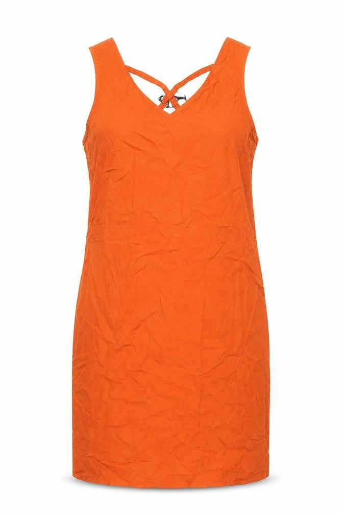 Front view of Threadbare women’s orange linen blend shift dress, size UK 8, sleeveless summer