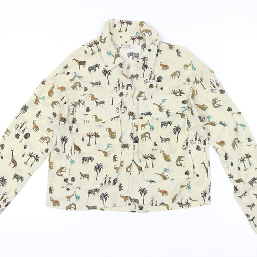 Dixie Womens Beige Animal Print Button-Up Shirt M Long Sleeve