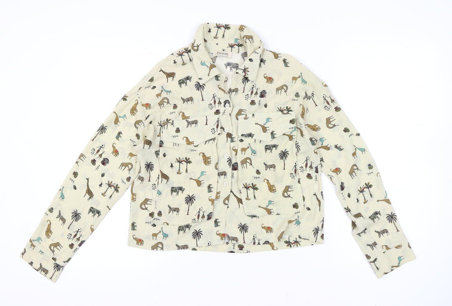 Dixie Womens Beige Animal Print Button-Up Shirt M Long Sleeve