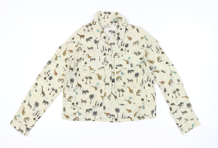 Dixie Womens Beige Animal Print Button-Up Shirt M Long Sleeve