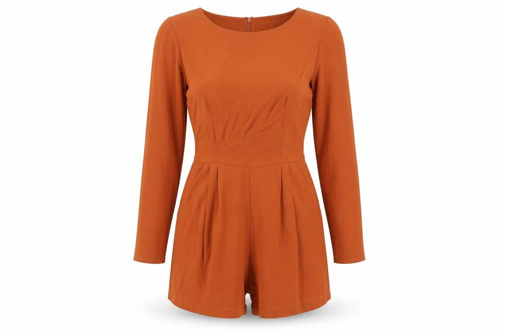 Front view of Love women’s orange long sleeve polyester playsuit, size L