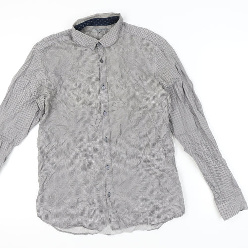 Ted Baker Mens Grey Geometric Cotton Button-Up Shirt Size L Regular Fit