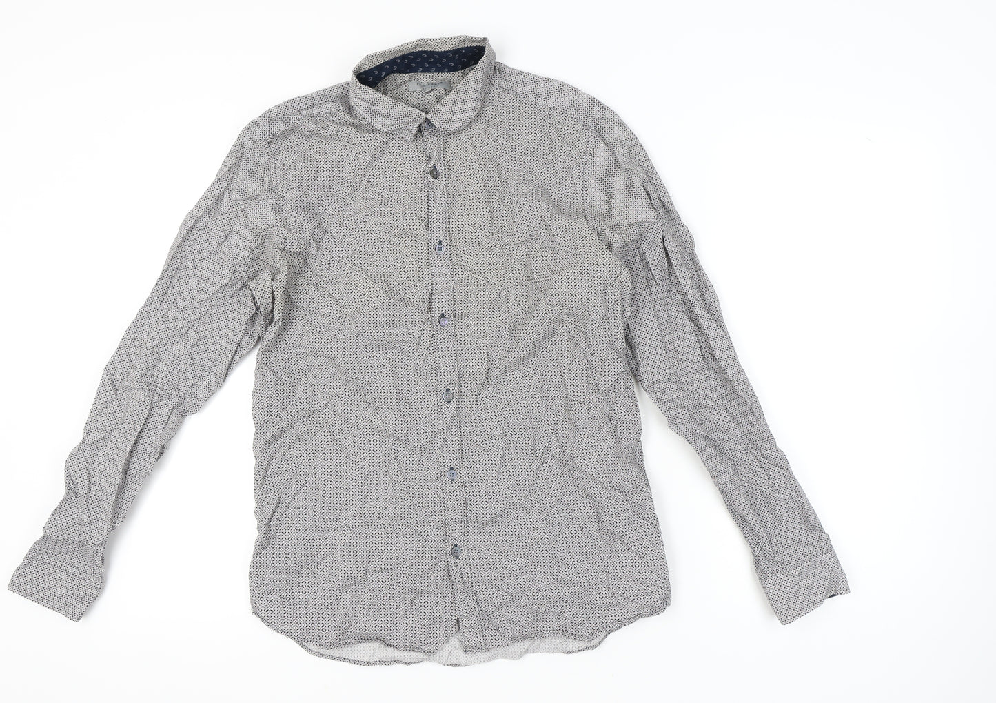 Ted Baker Mens Grey Geometric Cotton Button-Up Shirt Size L Regular Fit