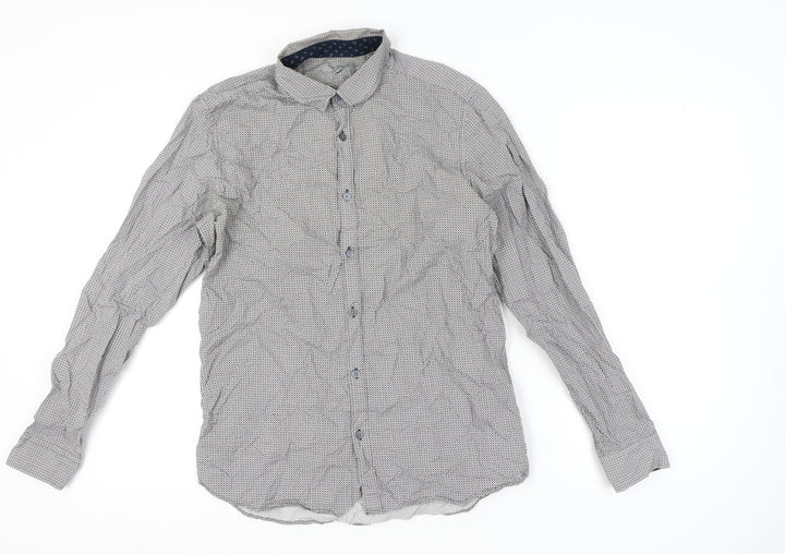 Ted Baker Mens Grey Geometric Cotton Button-Up Shirt Size L Regular Fit