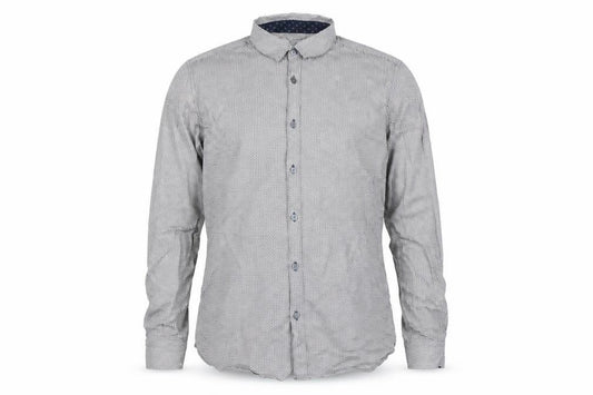 Front view of Ted Baker men’s grey geometric cotton button-up shirt, size L, regular fit