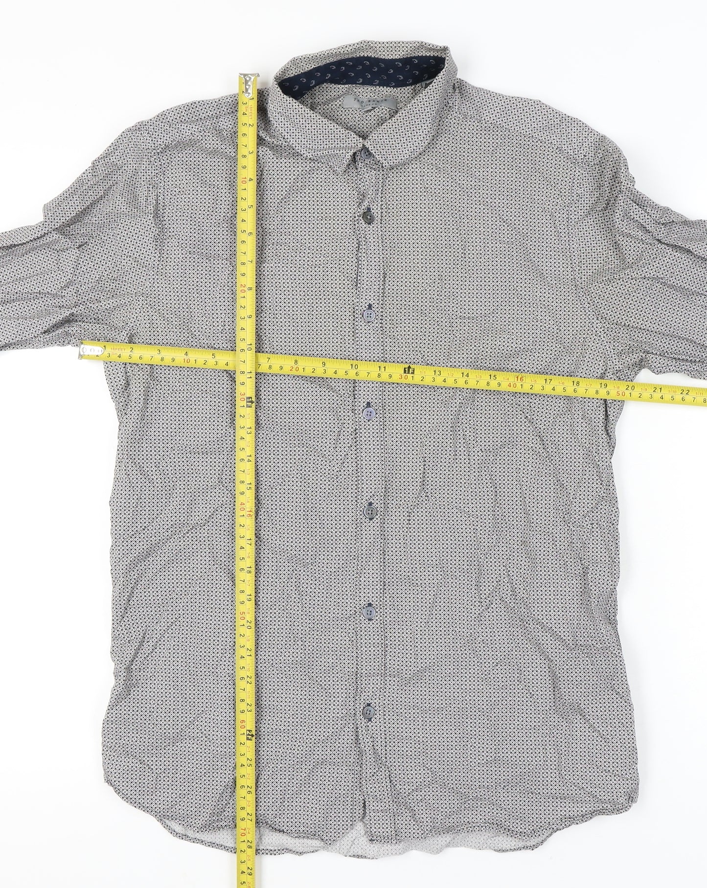 Ted Baker Mens Grey Geometric Cotton Button-Up Shirt Size L Regular Fit