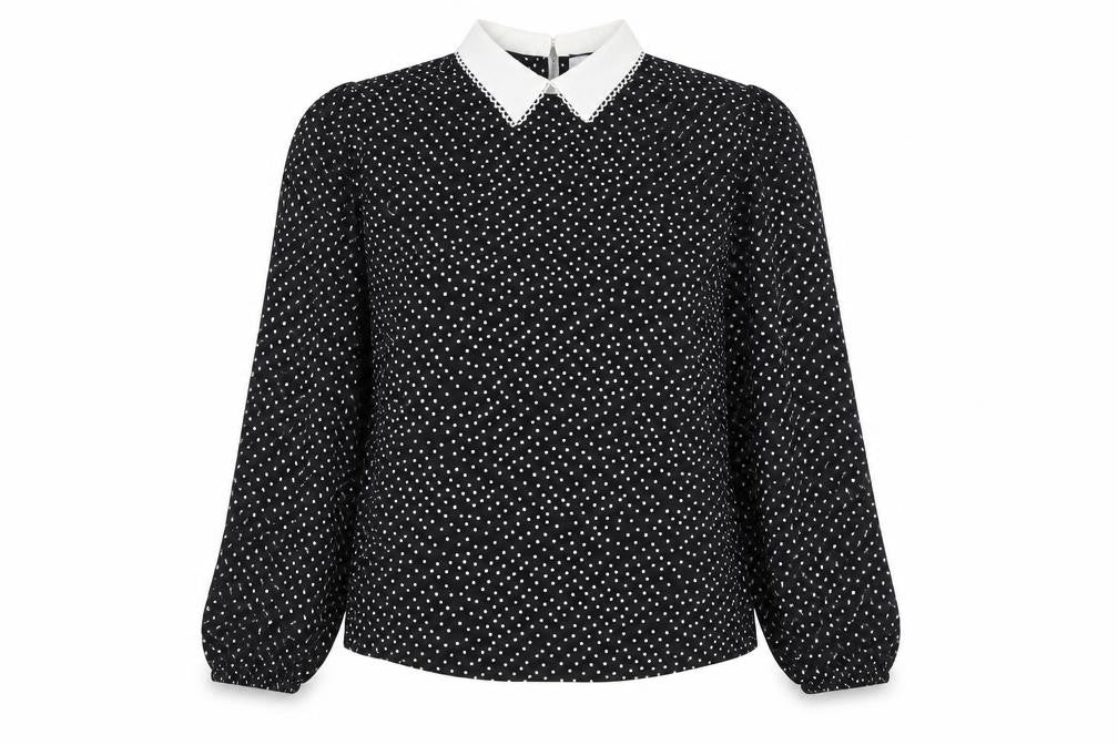 Front view of New Look women’s black polka dot collared blouse uk 8 long sleeve