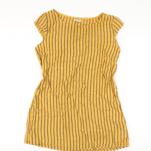 Lina Tomei Women Yellow Striped Linen Shift Dress Size L Casual Summer