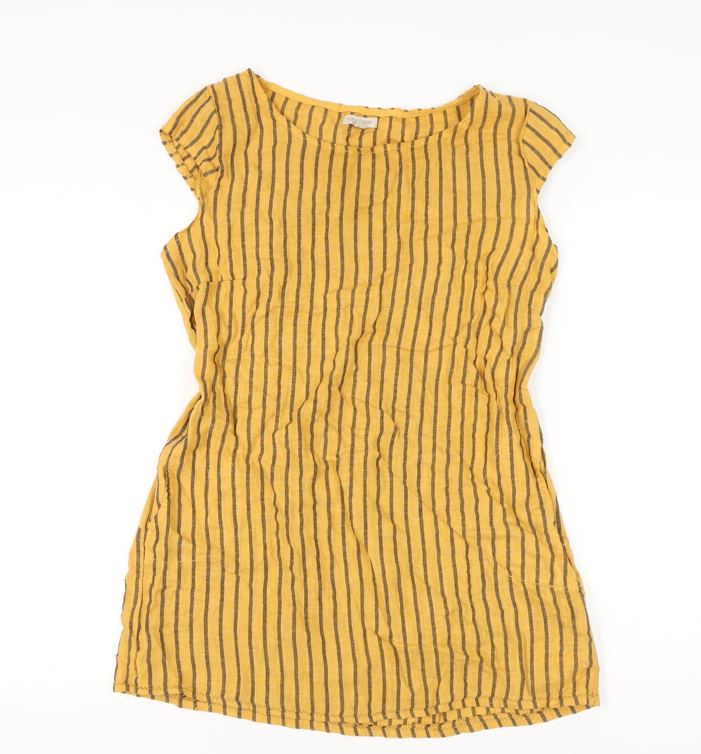 Lina Tomei Women Yellow Striped Linen Shift Dress Size L Casual Summer