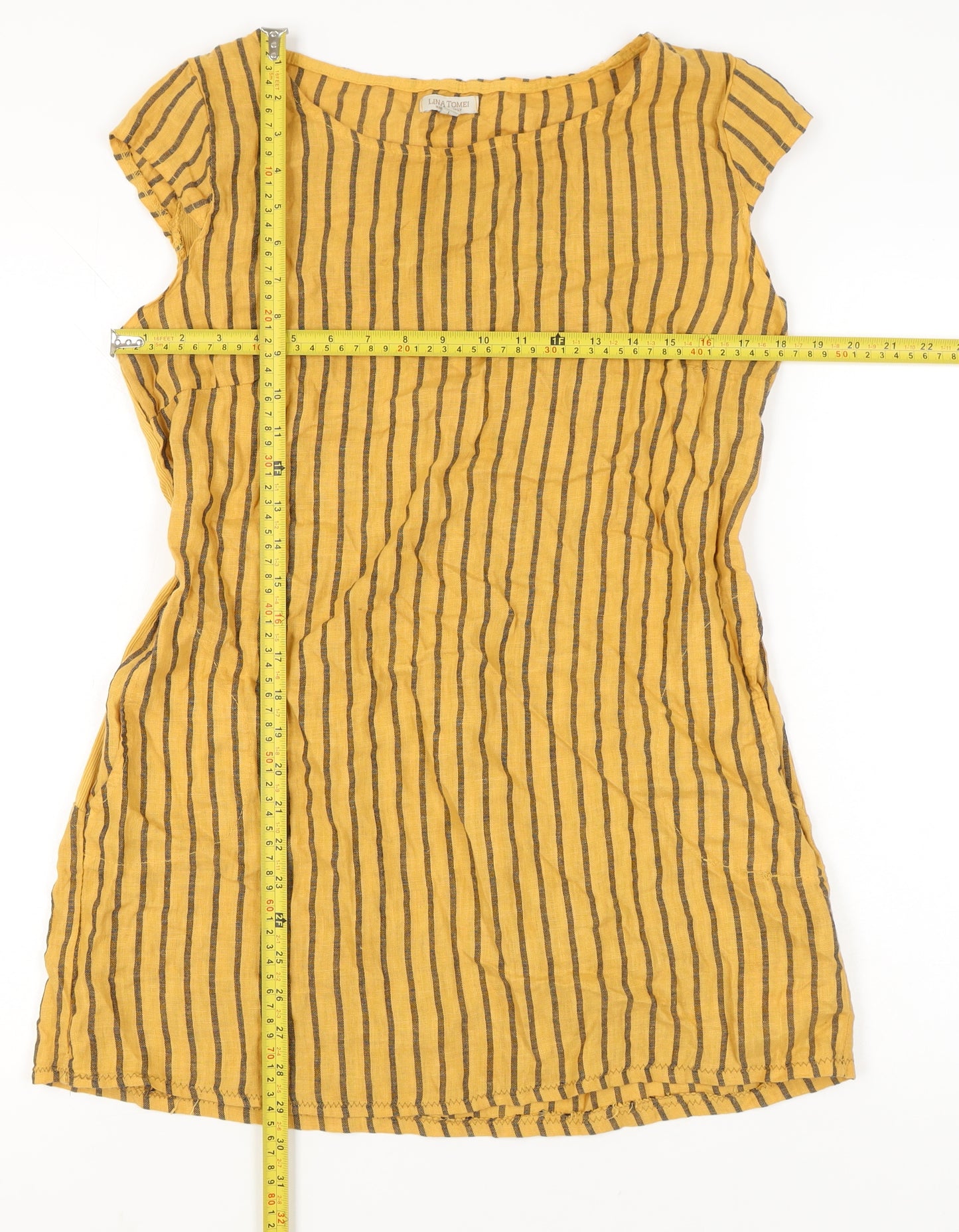 Lina Tomei Women Yellow Striped Linen Shift Dress Size L Casual Summer