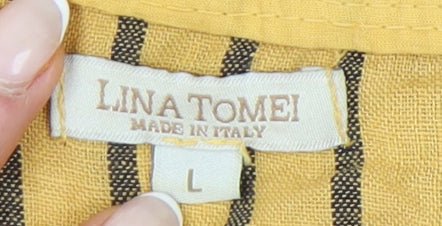 Lina Tomei Women Yellow Striped Linen Shift Dress Size L Casual Summer