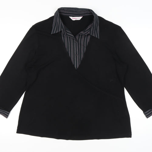 Bonmarché Womens Black Size 18 Wrap Blouse 3/4 Sleeve Collared Top