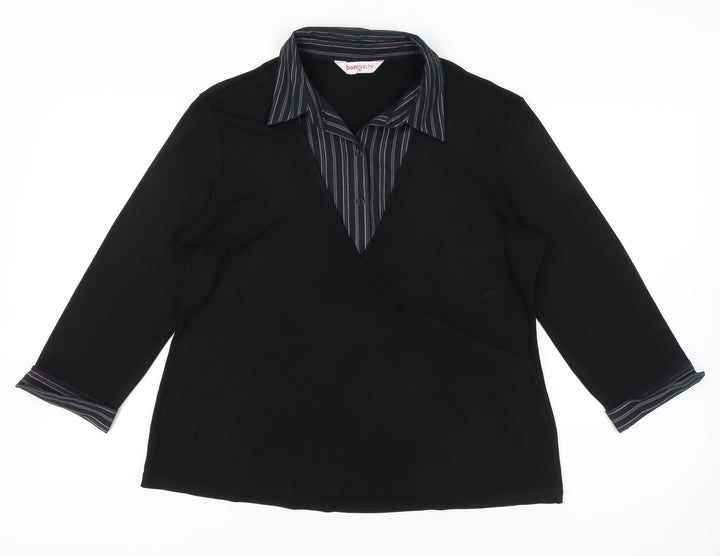 Bonmarché Womens Black Size 18 Wrap Blouse 3/4 Sleeve Collared Top