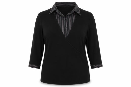 Front view of Bonmarché women’s black, size UK 18, wrap blouse 3/4 sleeve collared top
