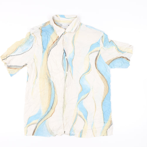 Zara Men’s Beige Blue Brown Regular Fit Viscose Short Sleeve Shirt M