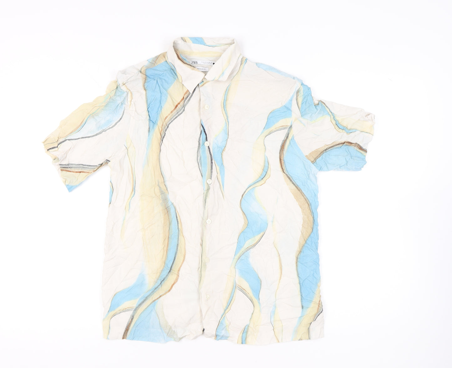 Zara Men’s Beige Blue Brown Regular Fit Viscose Short Sleeve Shirt M