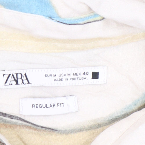 Zara Men’s Beige Blue Brown Regular Fit Viscose Short Sleeve Shirt M