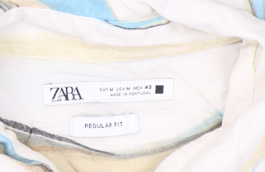 Zara Men’s Beige Blue Brown Regular Fit Viscose Short Sleeve Shirt M