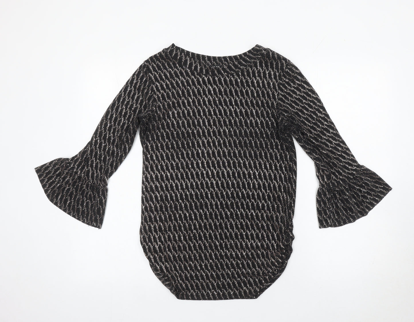 Quiz Women’s Black Metallic Bell Sleeve Tunic Blouse Size 10
