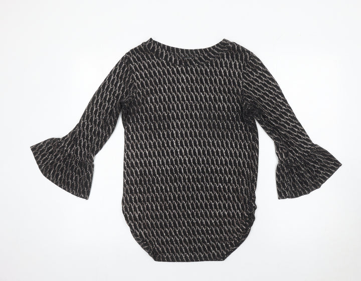 Quiz Women’s Black Metallic Bell Sleeve Tunic Blouse Size 10
