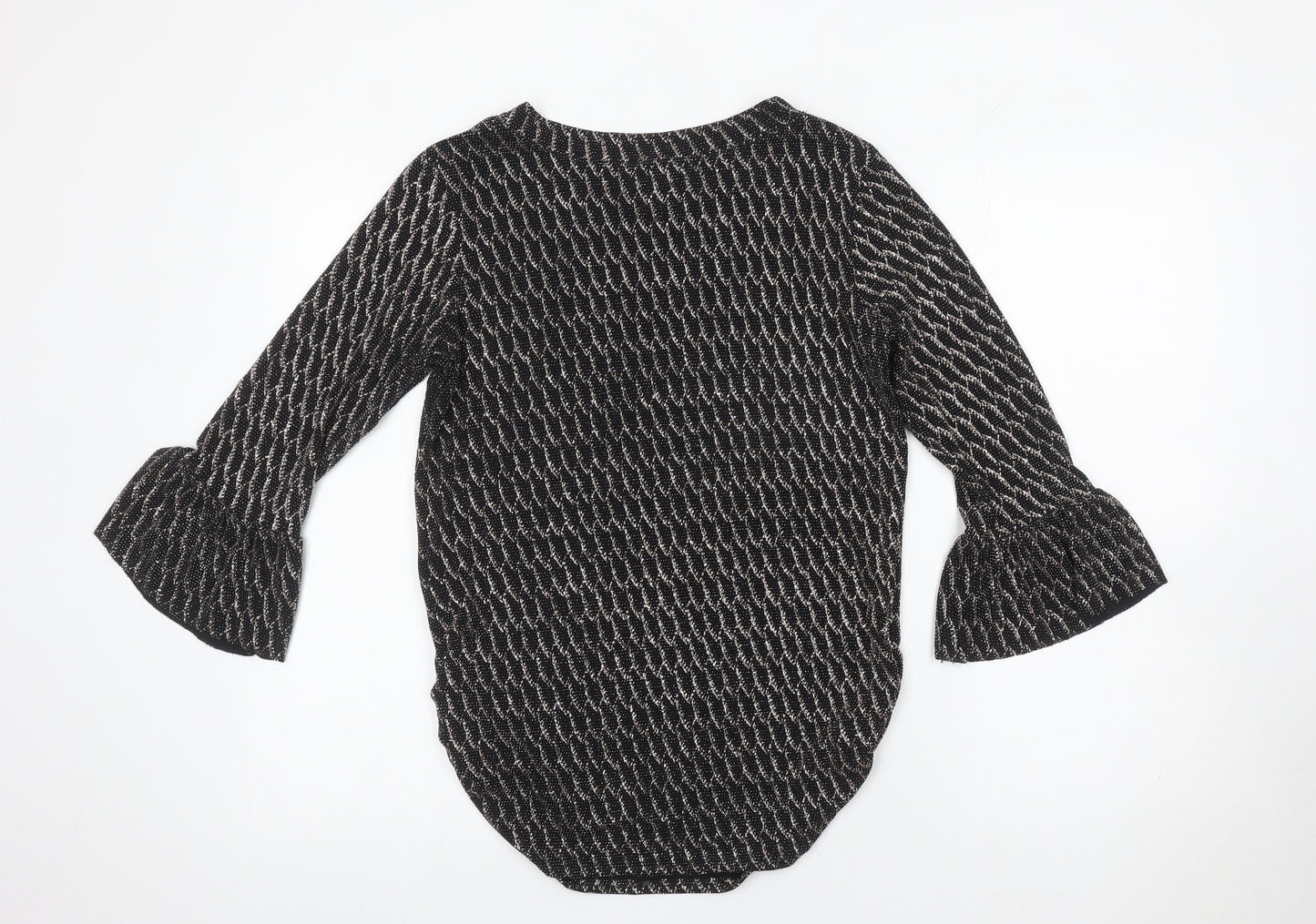 Quiz Women’s Black Metallic Bell Sleeve Tunic Blouse Size 10