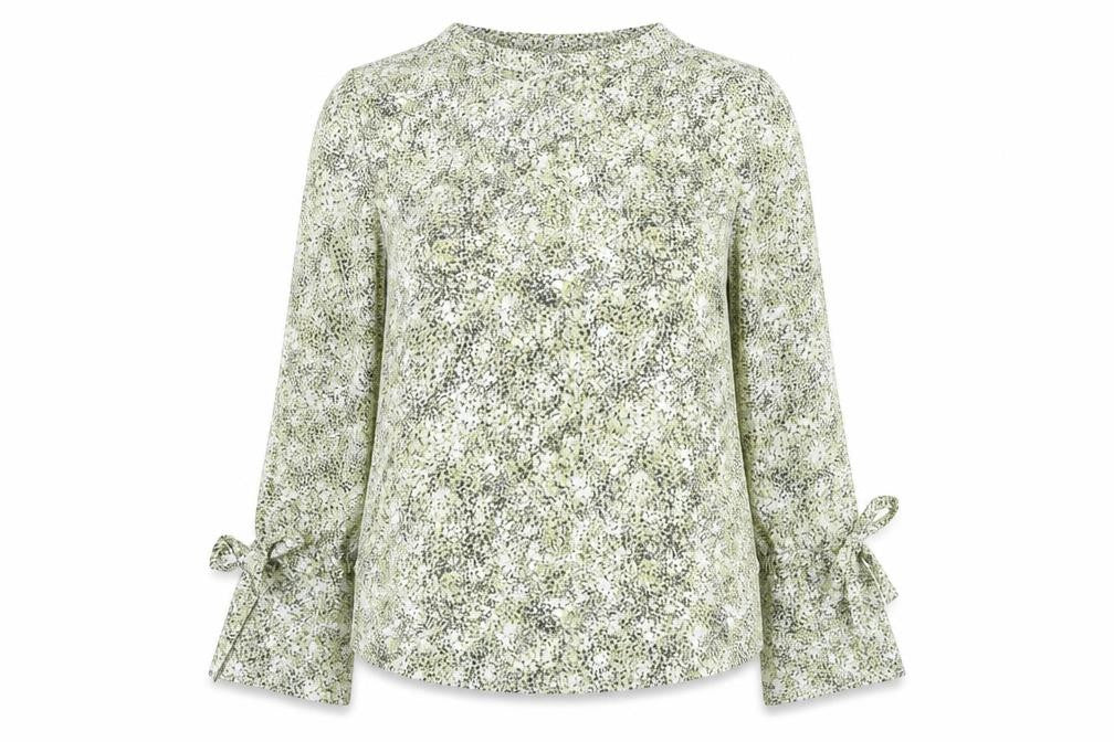 Front view of Next women’s green floral long sleeve blouse, size UK 14