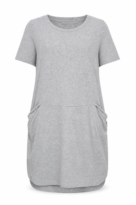 Front view of UP Moda Women’s Grey T-Shirt Dress, size S, Casual Stretch Jersey