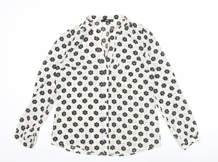 Oasis Women’s White Black Floral Blouse Size 12 Long Sleeve Tunic