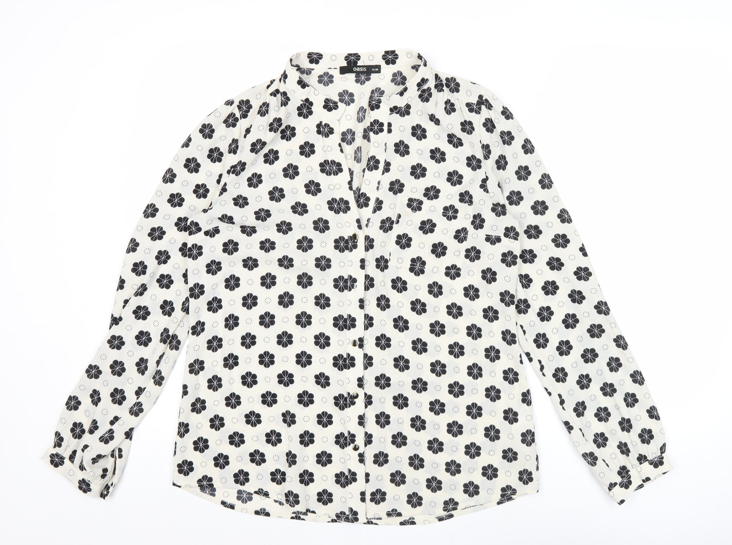 Oasis Women’s White Black Floral Blouse Size 12 Long Sleeve Tunic