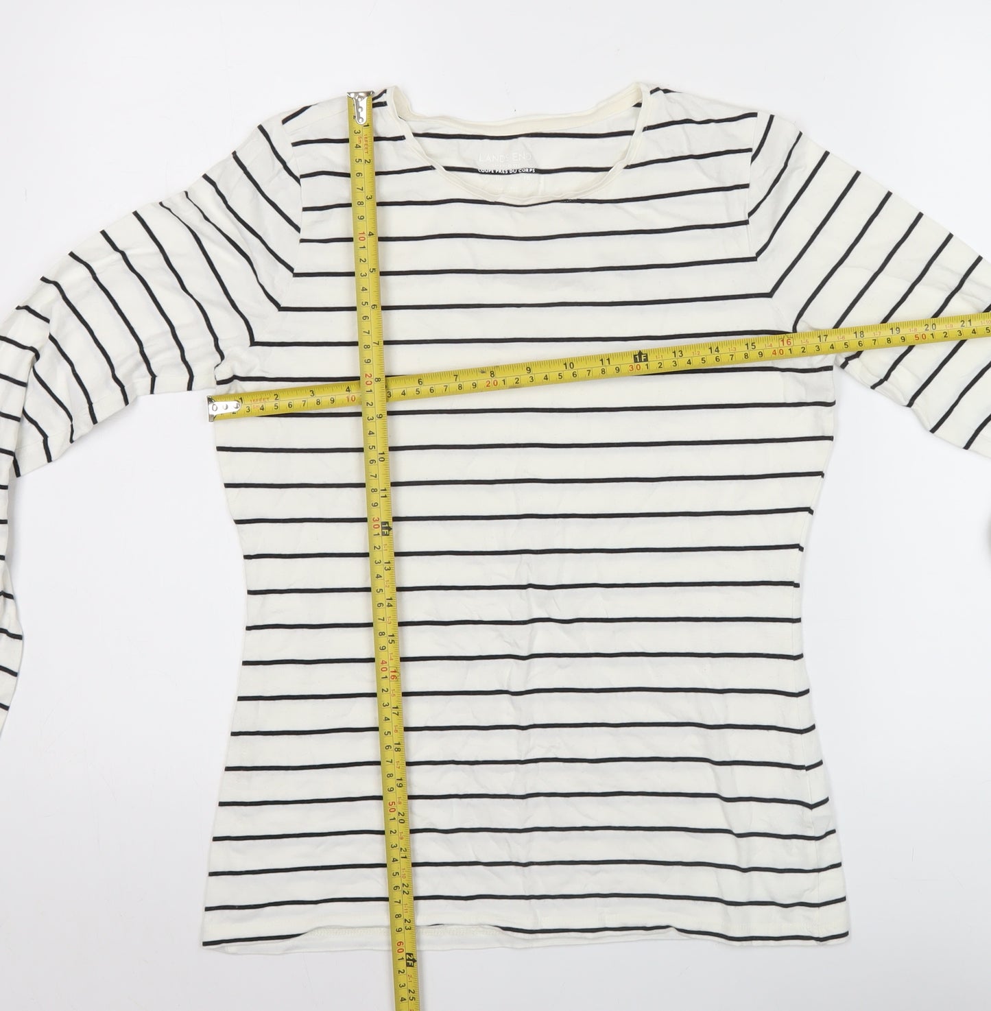Lands' End Womens White Striped Long Sleeve Cotton T-Shirt M