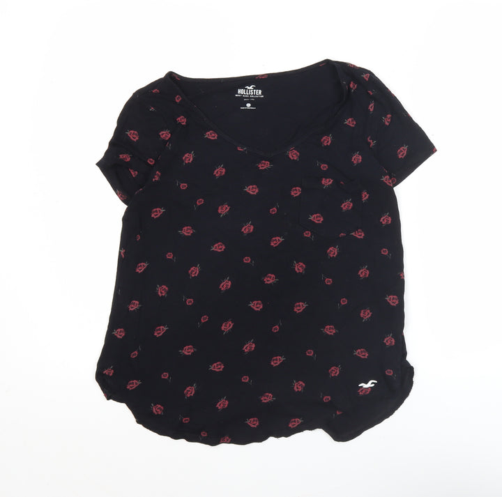 Hollister Womens Black XS Floral Viscose Stretch Scoop Neck T-Shirt