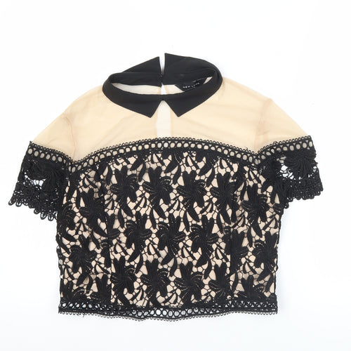 New Look Womens Black Beige Lace Cropped Blouse UK 14 Party Top
