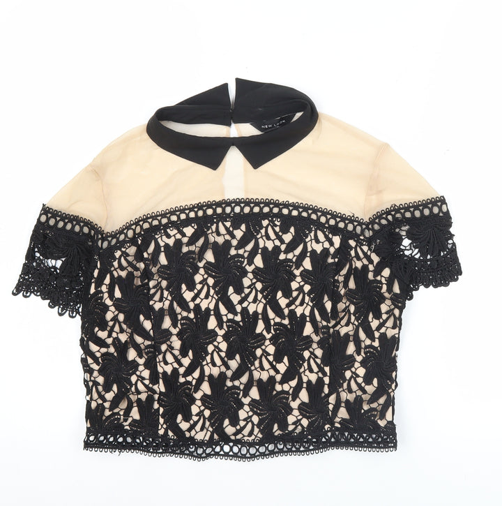 New Look Womens Black Beige Lace Cropped Blouse UK 14 Party Top