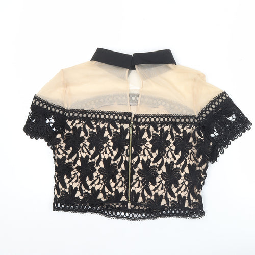 New Look Womens Black Beige Lace Cropped Blouse UK 14 Party Top